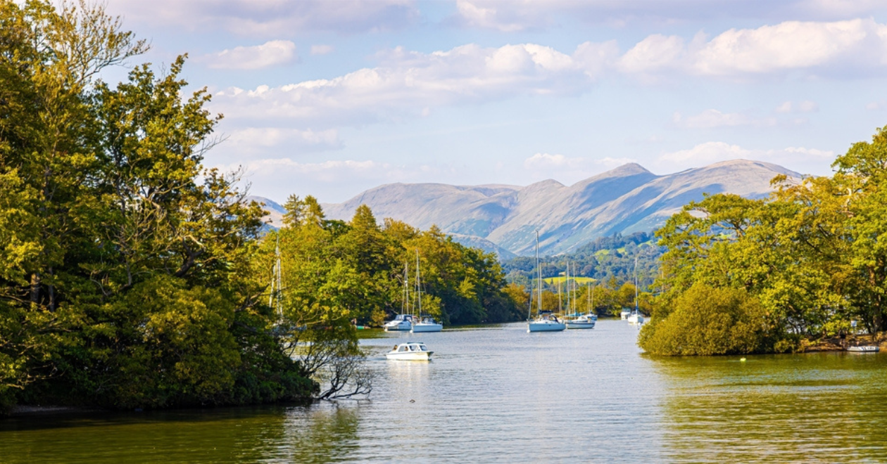 Windermere lake near Bowness-on-Windermere in Lake District, a region and national park in Cumbria in northwest England